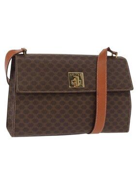 Authentic CELINE Macadam Canvas Shoulder Bag PVC Leather Brown Gold